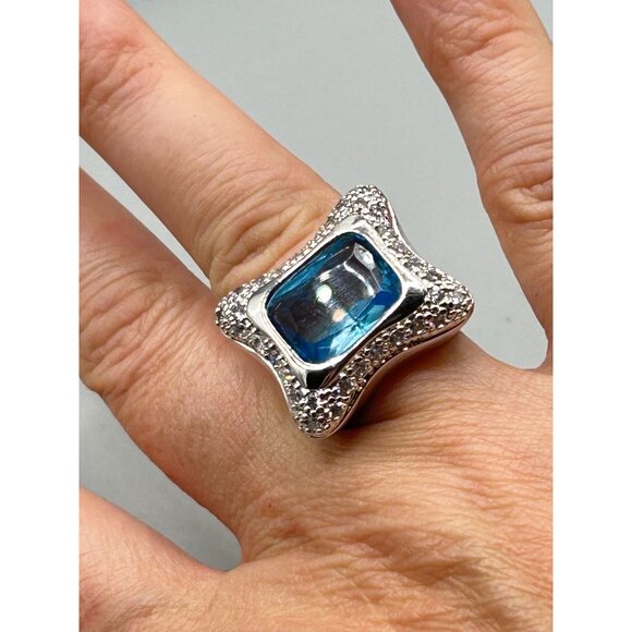 Blue Aquamarine Glass Ring Size 7 Silver Tone Free Form Modernist Ring - Picture 12 of 12
